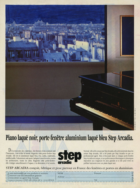 Claude Closky, ‘Untitled (Piano laqué noir, porte-fenêtre aluminium laqué bleu)’, 1992, blue ballpoint pen on printed matter, 28 x 21 cm.